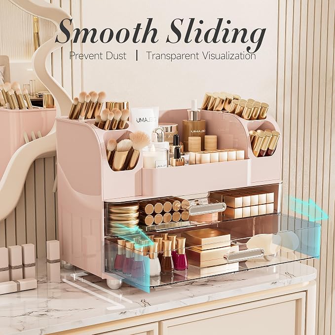 Delamu Large Makeup Organizer Countertop with 6 Brush Holders, Makeup Organizers for Vanity with 2 Large Drawers, Easy to Store Skincare, Lipsticks, Nail Polishes, Perfumes, Eyeshadow Palettes, Pink