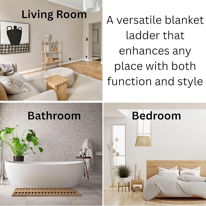 Solid Pine Wood Blanket Ladder for Living Room Bathroom Organizer Shelves, 7-Tier 5-Tier Freestanding Shelf, Freestanding Towel Rack Extra Storage, Wall-Leaning (Walnut, Large)