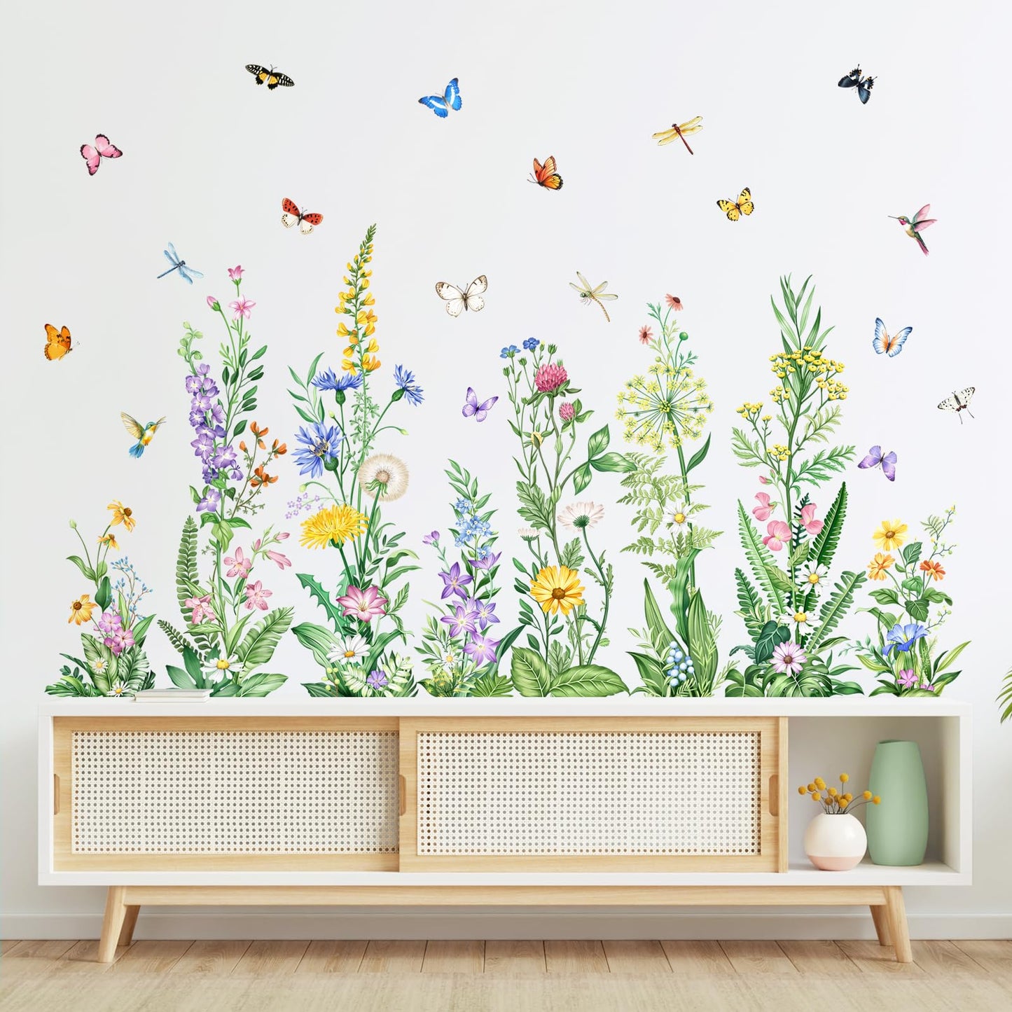 Tanlaby Wildflower Wall Decals Spring Summer Flower Floral Grass Wall Decals with Butterfly Green Plant Stickers Peel and Stick Wall Art Decor for Living Room Kitchen Bedroom