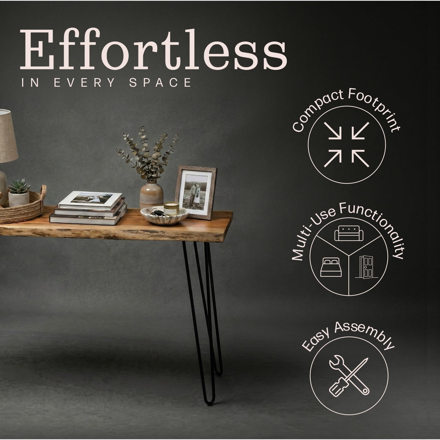Alaterre Furniture Live Edge Wood Console Table with Hairpin Metal Legs – Rustic Solid Wood Sofa Table, Narrow Entryway Hallway Table, Industrial Farmhouse Media Console for Living Room (48 Inch)