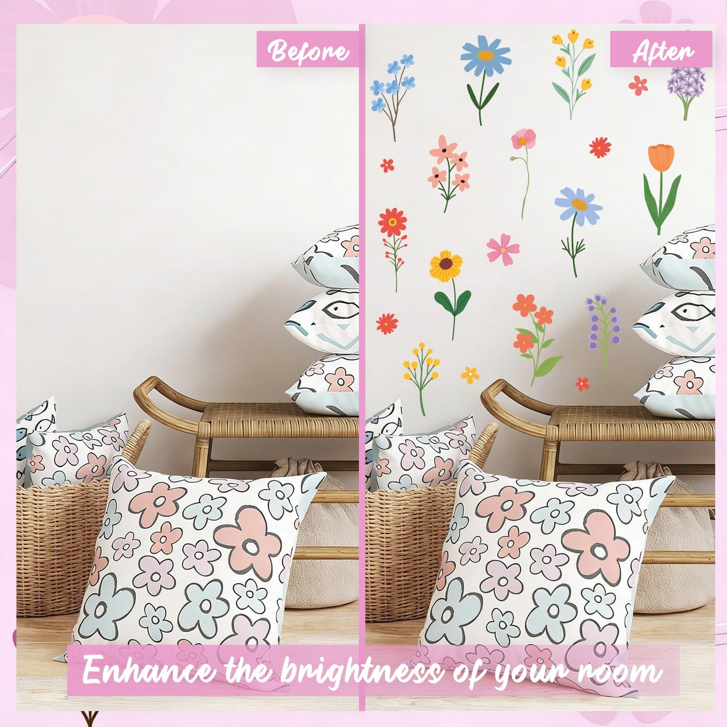 Spring Flower Wall Stickers, 8 Sheets Wildflower Wall Decals Peel and Stick Floral Wall Decor for Girls Bedroom Nursery Spring Room Decorations 90 Pcs
