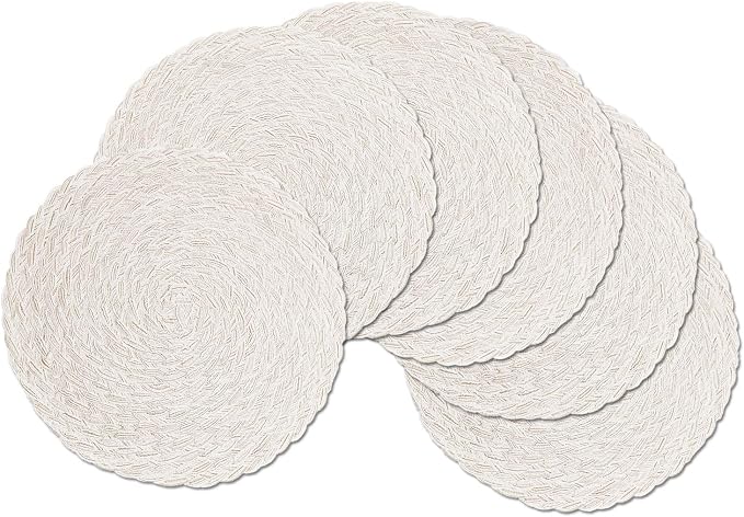 SHACOS Round Braided Placemats 15 inch Set of 6 Boho Thick Washable Kitchen Table Placemats for Home Wedding Party (T-Ivory, 6)