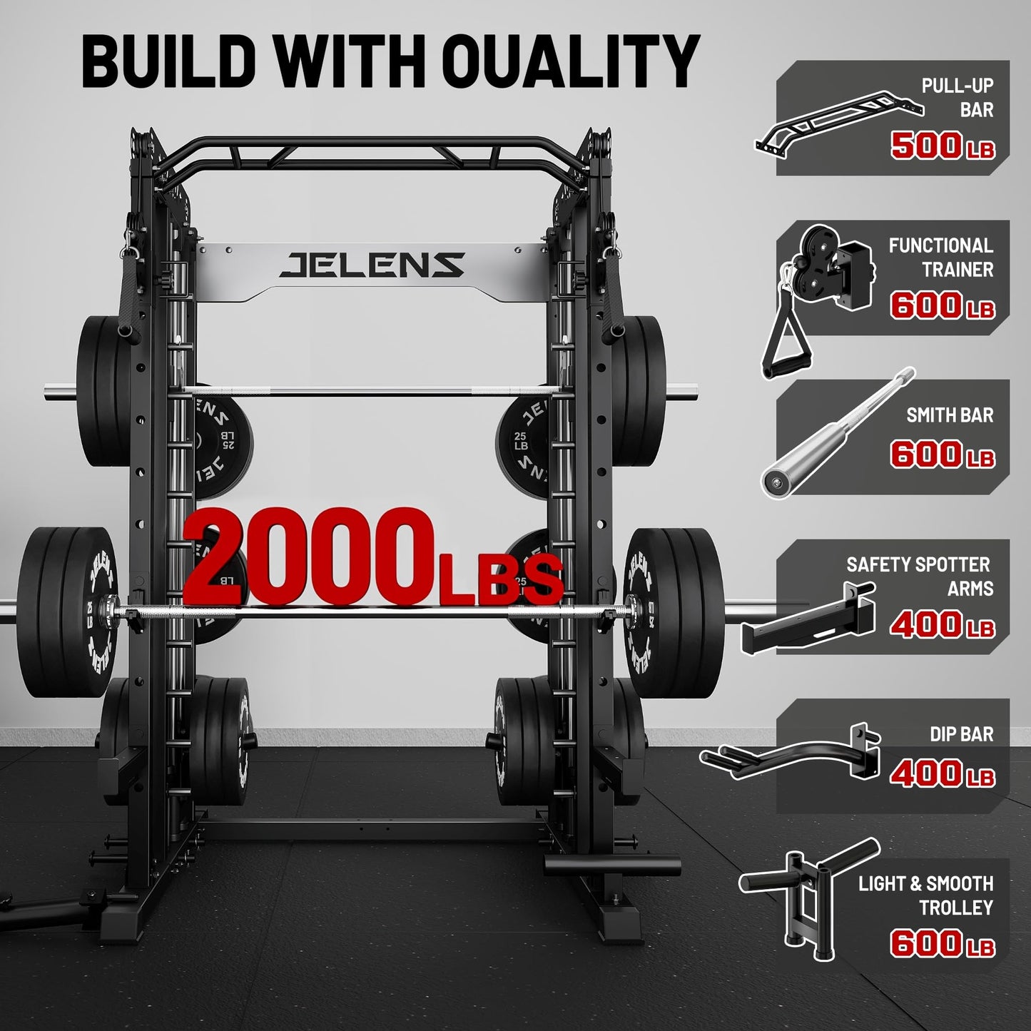 JELENS Smith Machine for Home Gym, Multi-Function M12 Power Cage, Squat Rack with Smith Bar and More Attachment (Black, 260LB Black Weights Package)