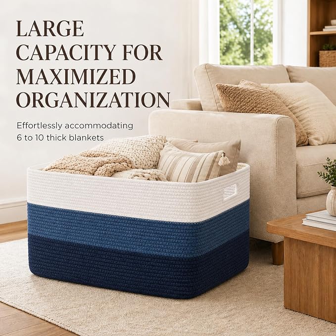OIAHOMY Large Blanket Basket, 22”x17”x12” Rectangle Woven Baskets, Nursery Blanket Storage Living Room, Toy Storage With Handle, Large Baskets for Organizing-Gradient Blue