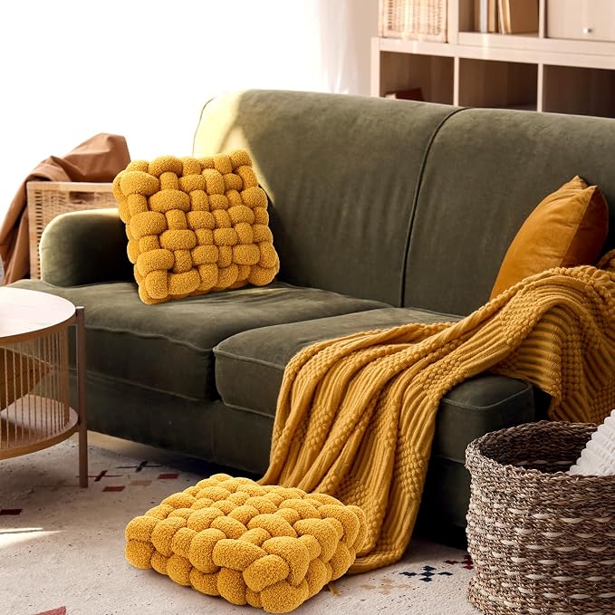 Wenqik 2 Pcs Knot Pillows Square Knotted Plush Throws Soft Accent Pillows Decoration Cushion for Couch Home Office Living Room Bedroom Bed Sofa Decor, 12'' x 13''(Ginger Yellow,Lambswool)