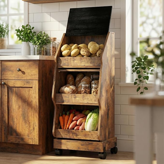 ARTETHYS Potato Storage Bin Movable Bread Box with Lid Rustic and Wheels Onion Organizer with Grocery Section Decorative Vegetable Organization Cabinet for Kitchen