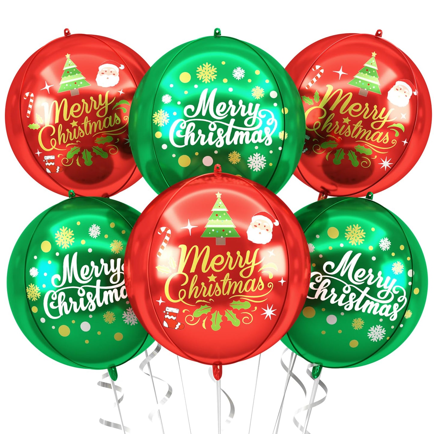 Xmas Foil Balloons Red Green Merry Christmas Printed, 6 Pcs Xmas Round Balloons, 22 Inch Big Round Foil Balloon For Christmas Party Decorations