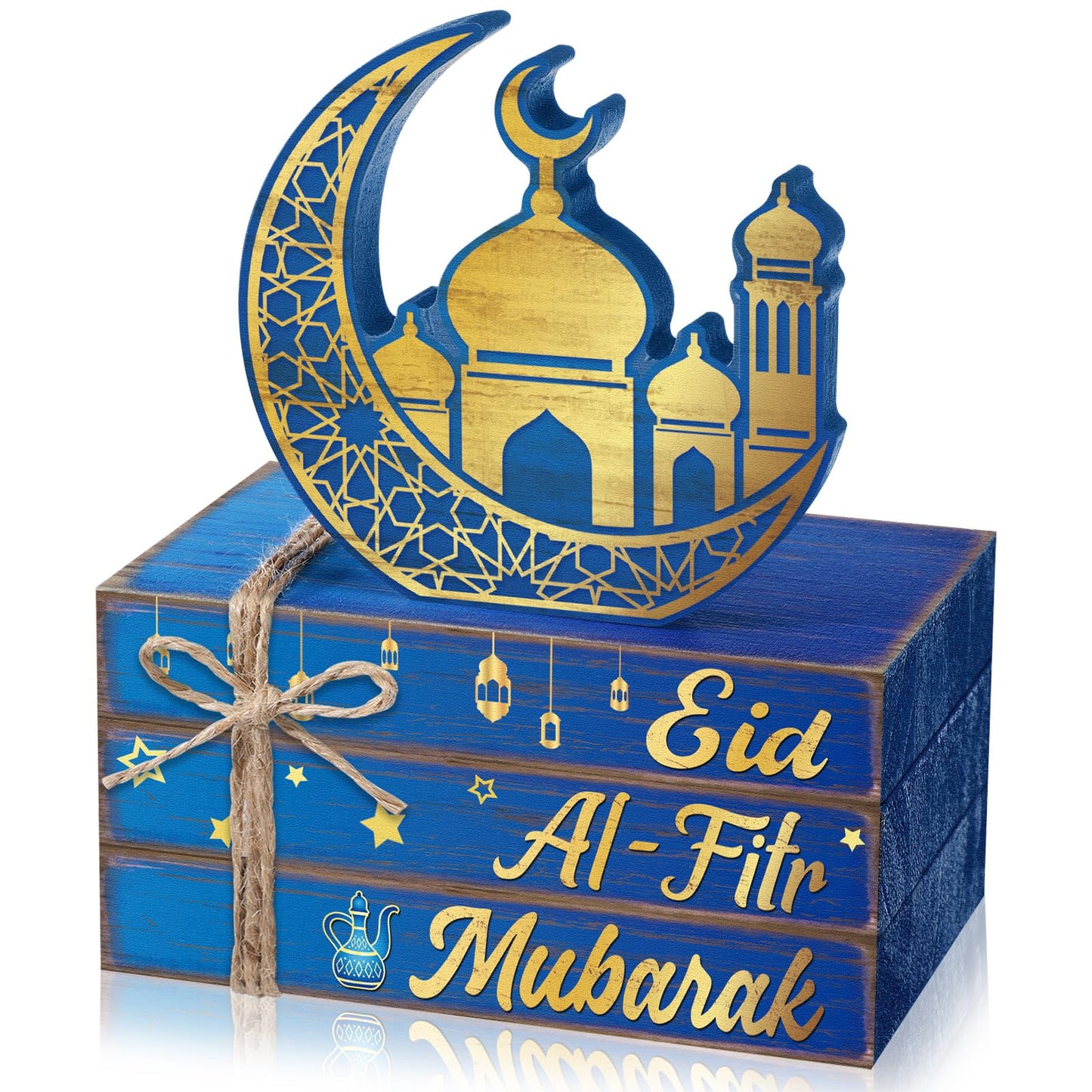 Geelin 4 Pcs Eid Mubarak Tiered Tray Decor Wooden Book Stack Signs, Blue Gold Islamic Crescent Moon Mosque Table Centerpiece for Ramadan Home Shelf Coffee Bar Mantel Decorations