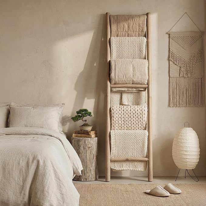 Wooden Blanket Ladder - 76in Natural Wood Color- Leaning Wall Decor for Bedroom, Bathroom, Living Room - Rustic Quilt Holder (Natural Wood Color (Knock Down), 76in(7-Rung) | Knock Down)
