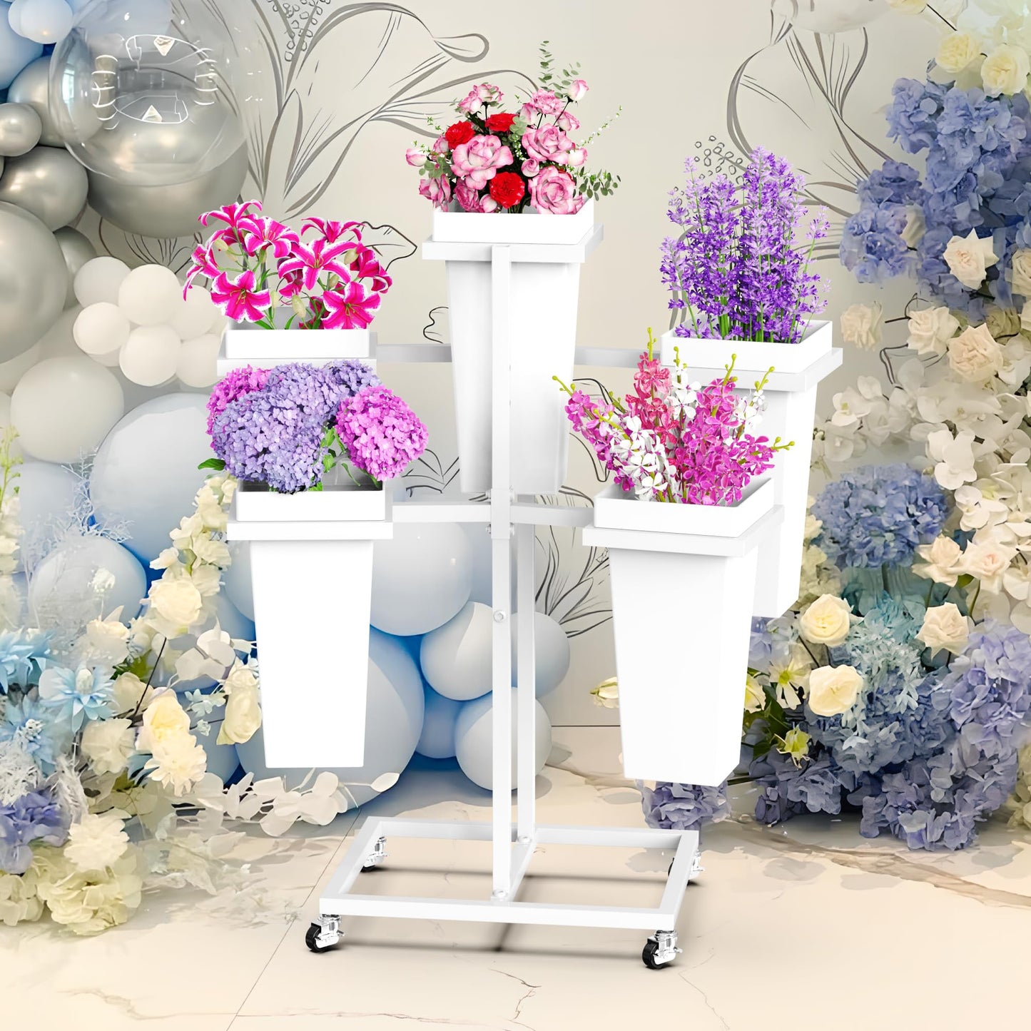 Asee'm Flower Display Stand with 5 Square Buckets Multi-tiered Metal White Flower Cart Stand with Wheels Moving Plant Stand Bar Shelf Flower Holder for Indoor Outdoor Patio Garden Florist Wedding