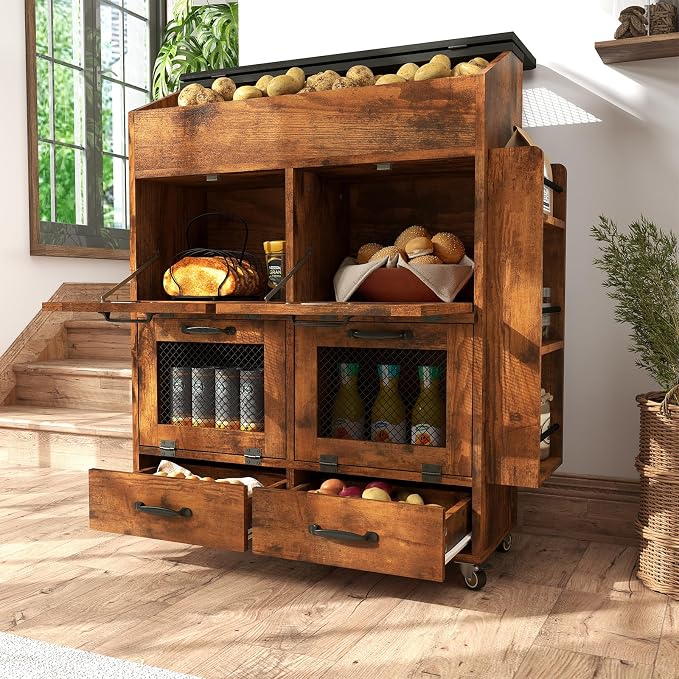 Verano Garden Large Potato and Onion Storage Bin on Wheels, Wood Bread Box w/Lid & Mesh Doors, 4-Tier Rolling Fruit and Vegetable Storage Organizer w/Grocery Section & Side Rack
