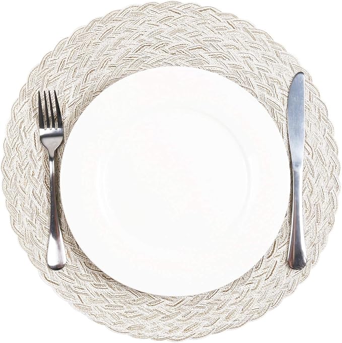SHACOS Round Braided Placemats 15 inch Set of 6 Boho Thick Washable Kitchen Table Placemats for Home Wedding Party (T-Ivory, 6)