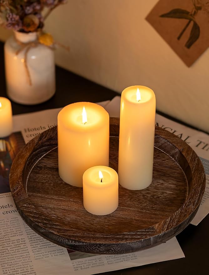 Hanobe Candle Plate Holder Tray: Round Wood Decorative Candle Plate - Rustic Farmhouse CoffeeTable Decor - Tealight Pillar Trays for Home Decor (Distressed)