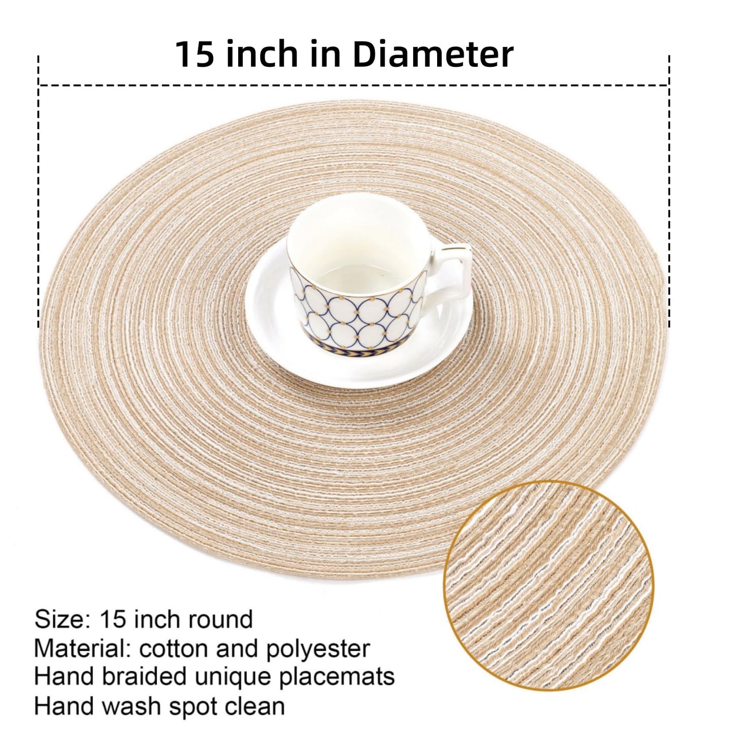 SHACOS Round Placemats Set of 6 Cotton Polyester Braided Place Mats 15 inch Heat Resistant Washable Table Mats for Kitchen Dining Party Natural Table Decor (Beige, 6)