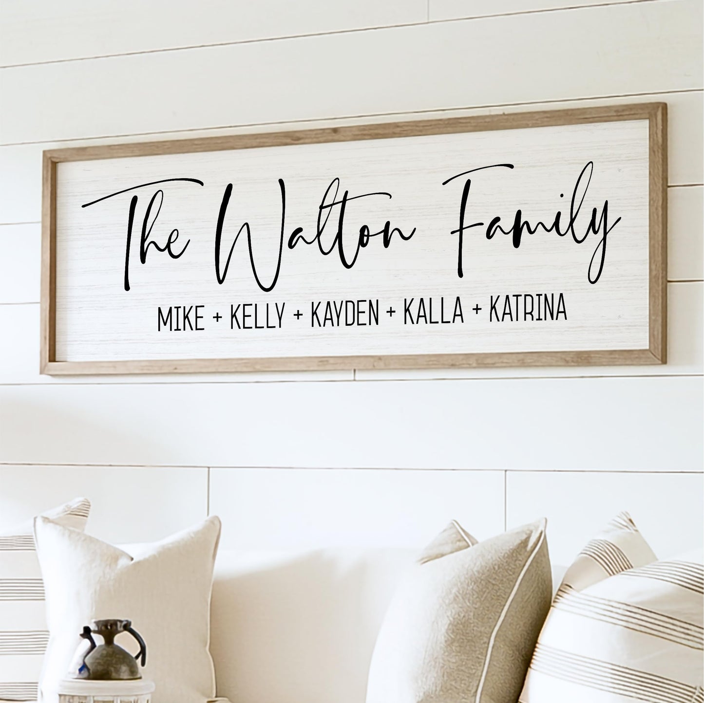 Personalized Framed Family Name Sign (6"x 18", Weathered Grey Frame, White Background)