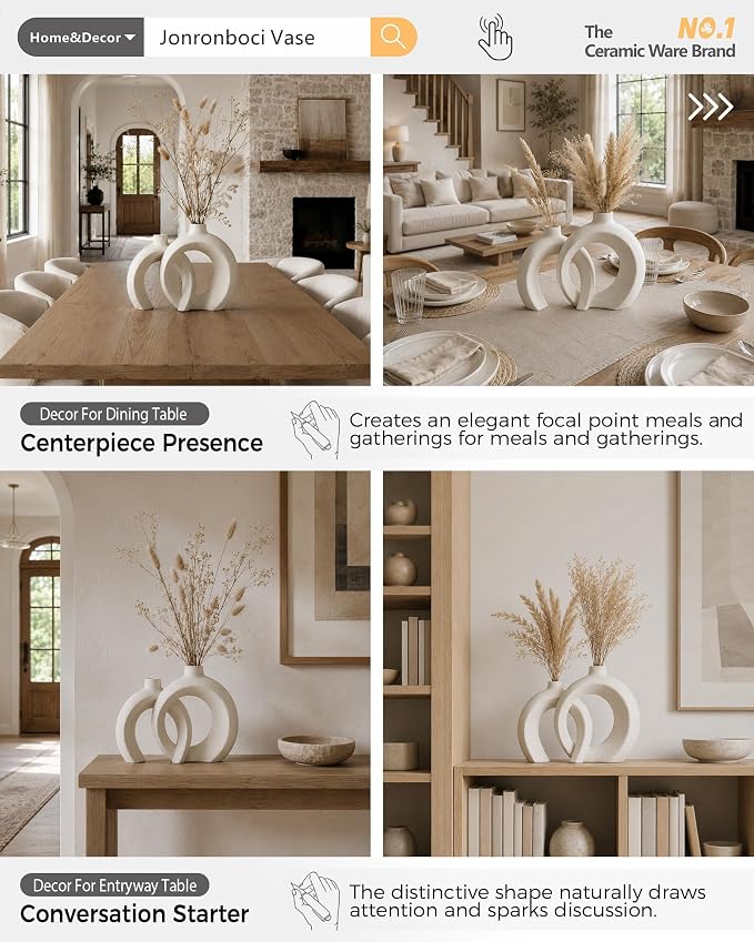 Interlocked Decorative Vase Set of 2 | Matte Sand-Textured Ceramic Vases for Modern Japandi & Boho Home Decor, Standalone or with Flowers for Mantel, Shelf, Entryway Console Table (Matte Cream White)