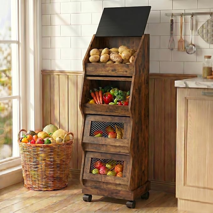 ARTETHYS Potato and Onion Storage Bin On Wheels, Movable 4 Tiers Freestanding Garlic and Onion Box Organizer, Bread and Vegetables Storage Cabinet Rack for Kitchen, Rustic