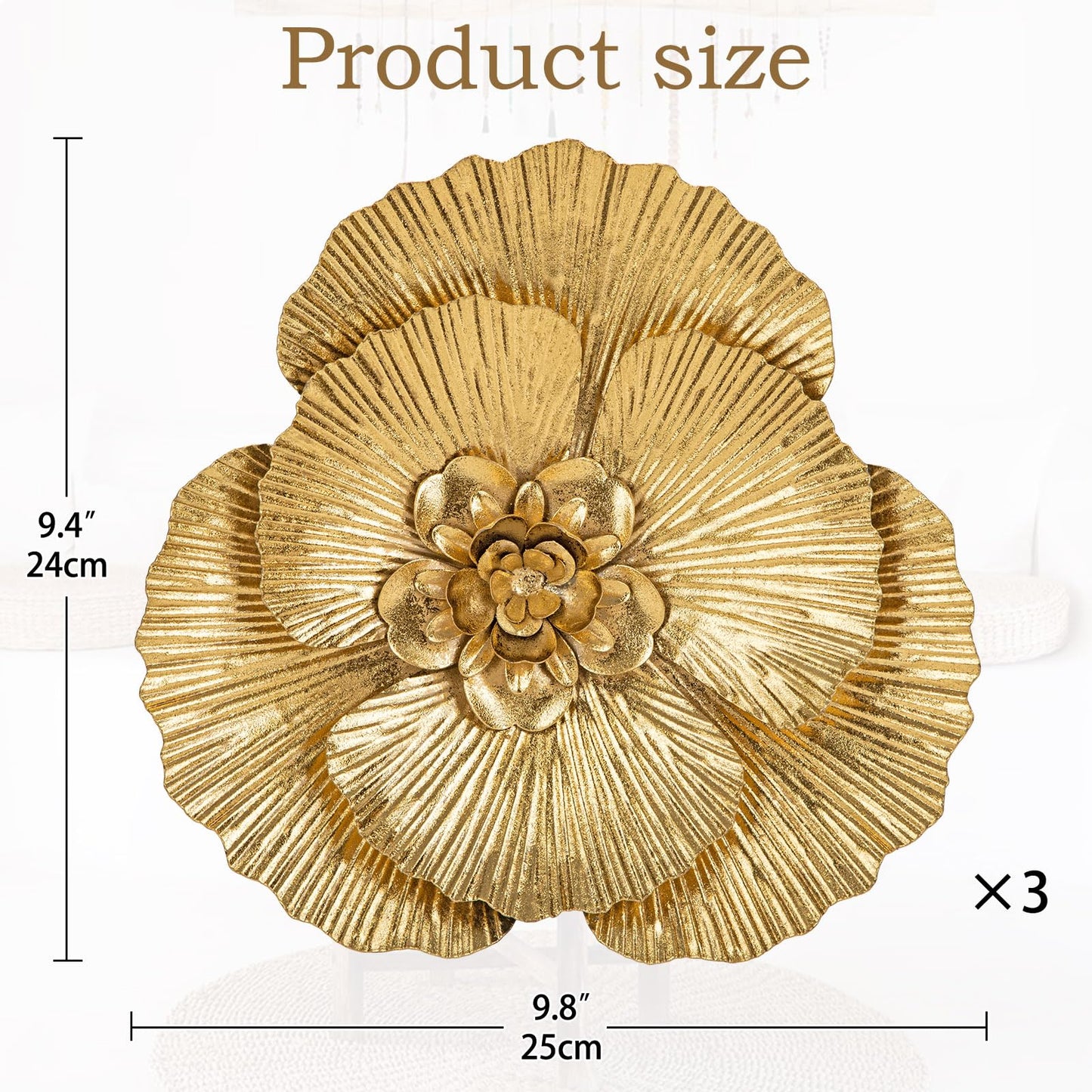 DILATATA 3 Pcs Metal Flower Wall Art Set 10 Inch Rustic Modern Floral Sculpture 3D Metal Flower Wall Hanging Accent for Indoor Living Room Bedroom Kitchen Bathroom Garden Patio Decor - Gold