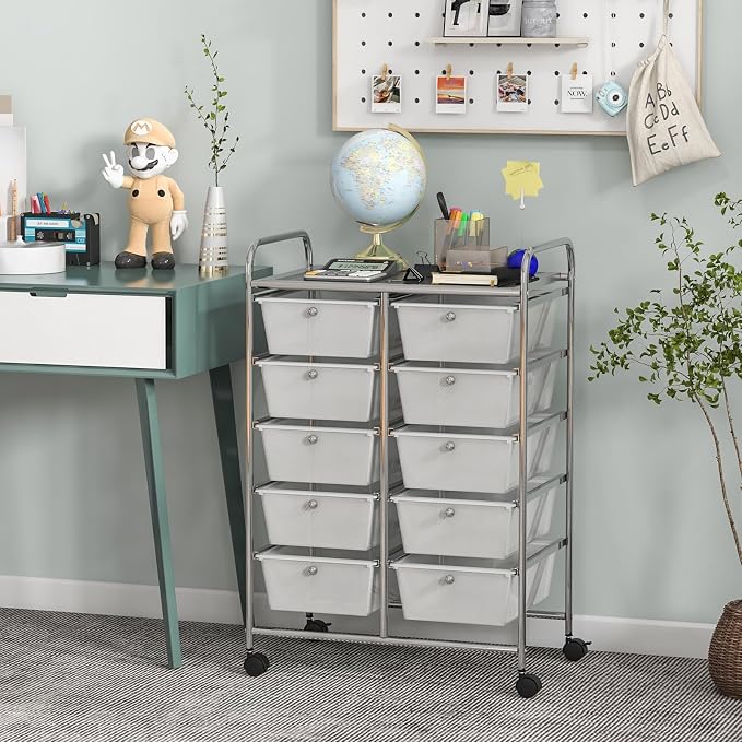 Giantex 10 Drawers Rolling Cart, Classroom Organizers, Storage Cart with Wheels, for Teacher Office Home School Supplies Tool Craft Art Paper, Clear White