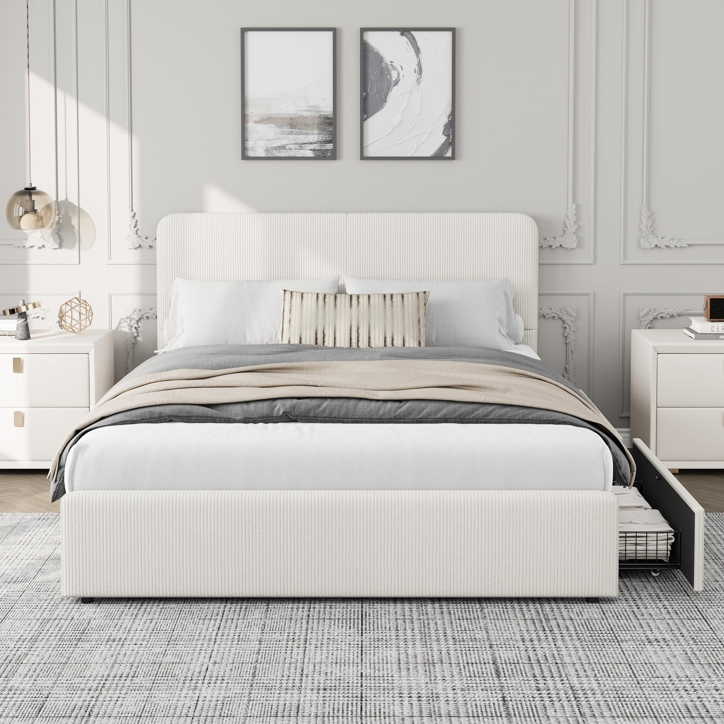 GarveeHome Modern Upholstered Platform Bed Frame with Headboard and Storage Drawers – Strong Wood Slats, Noise-Free, No Box Spring Needed, Easy Assembly – Full Size, Corduroy Neutral-White Tone