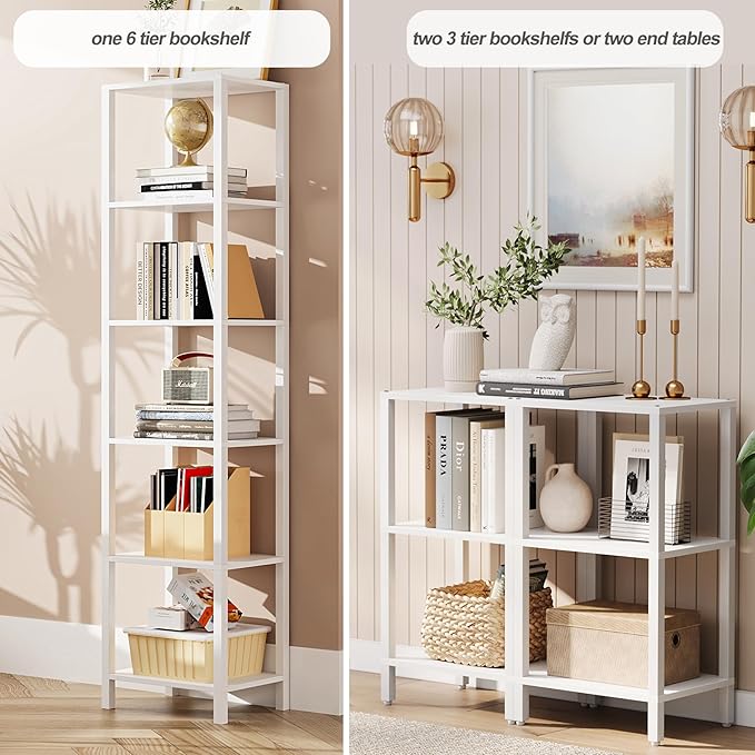 TUTOTAK Bookshelf, 6-Tier Tall Book Shelf, Narrow Bookcase for Small Space, DIY Stackable Bookshelf, for Living Room, Office, Study, Entryway, Industrial, White BS01BW006