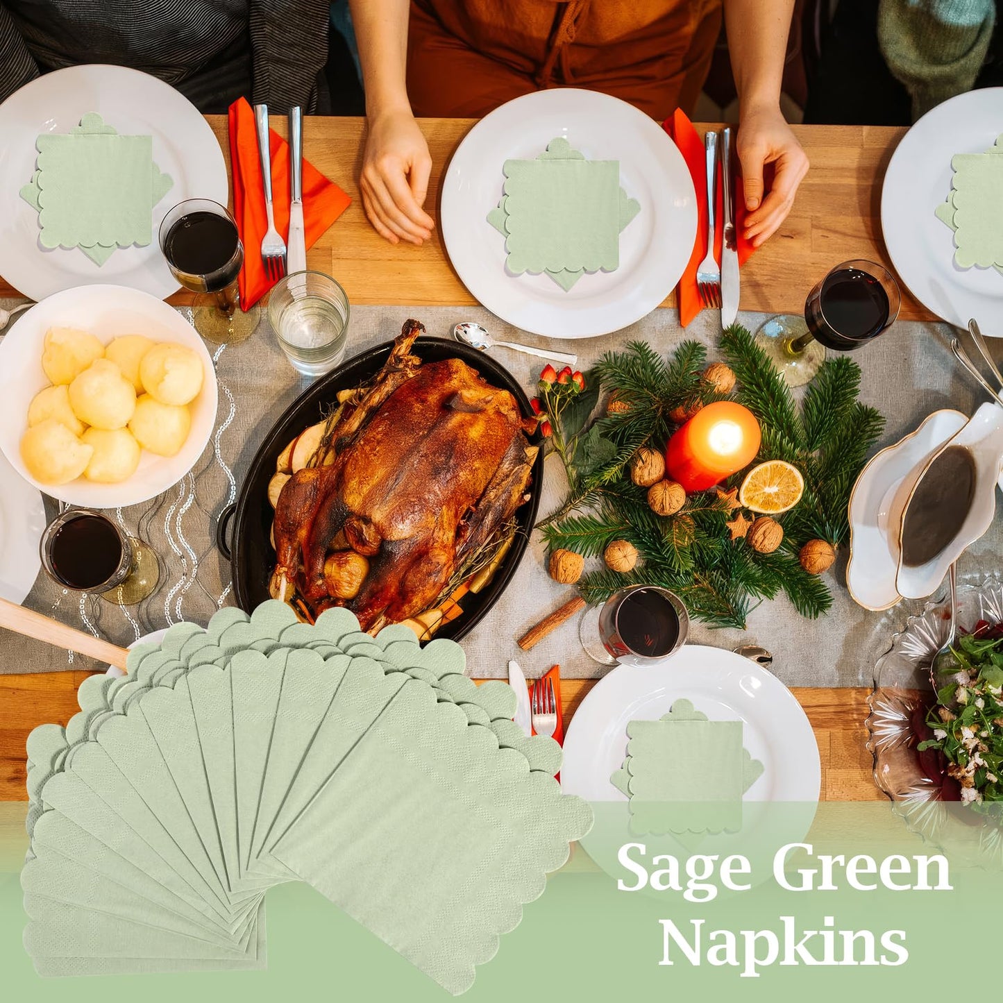 100 Pcs Cocktail Napkins, 2-Ply 5 x 5 Inches Disposable Scalloped Napkins, Thick Premium Dessert Napkins for Party, Wedding, Dinner, Birthday, Anniversary, Festival (Sage Green)