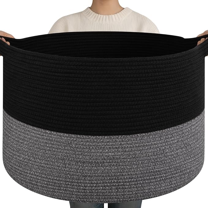 OIAHOMY 90L XXXLarge Blanket Basket for Living Room, 21.7" x 13.8" Woven Cotton Rope Laundry Basket for Organizing Pillows, Decorative Stuffed Animal Toy Storage for Nursery, Black and Grey