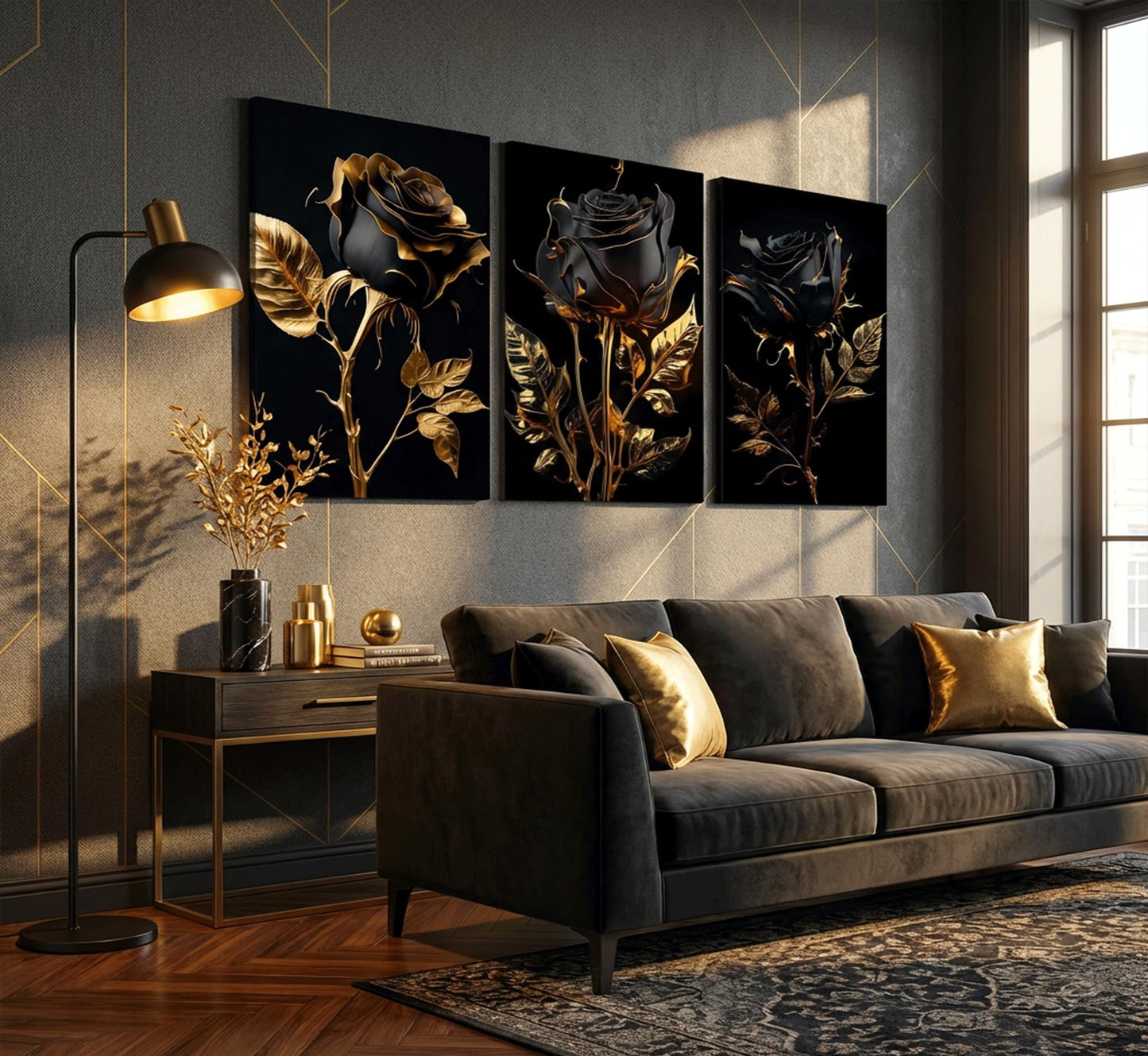3Pcs Black And Gold Rose Canvas Wall Art Modern Luxury Flowers Pictures Wall Decor Abstract Elegant Rose Dark Posters Prints for Living Room Bedroom Office Bathroom Ready To Hang