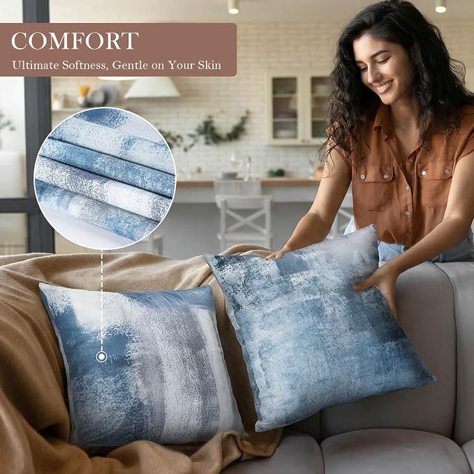 Set of 4 Blue and Grey Abstract Art Artwork Pillow Cover 16 x 16 Inch, Gallery Modern Decorative Throw Pillows Cushion Cover for Bedroom Sofa Living Room