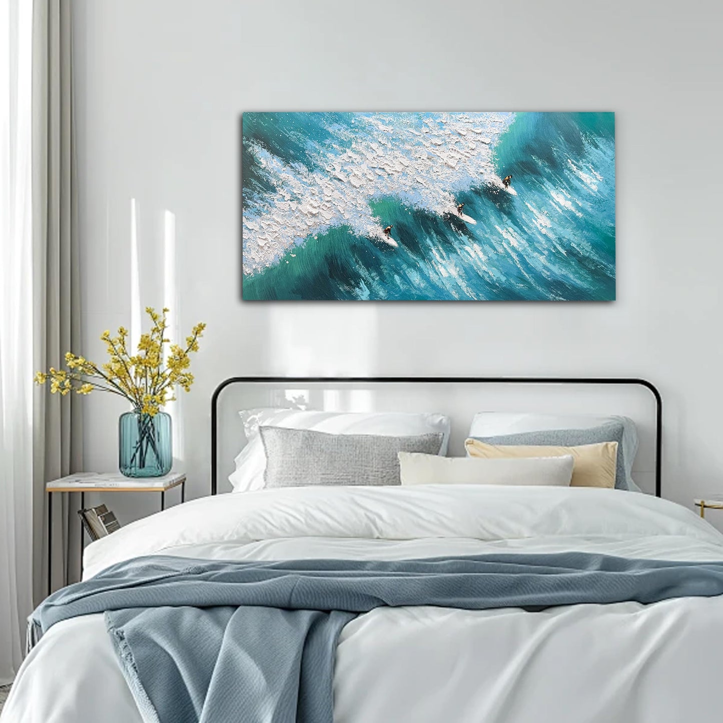 Large Beach Wall Art for Living Room 20"x40" Blue and White Hand Painted Surfing Ocean Wave Coastal Canvas Painting Seascape Artwork with Surfers Textured Art for Bedroom Office Ready to Hang