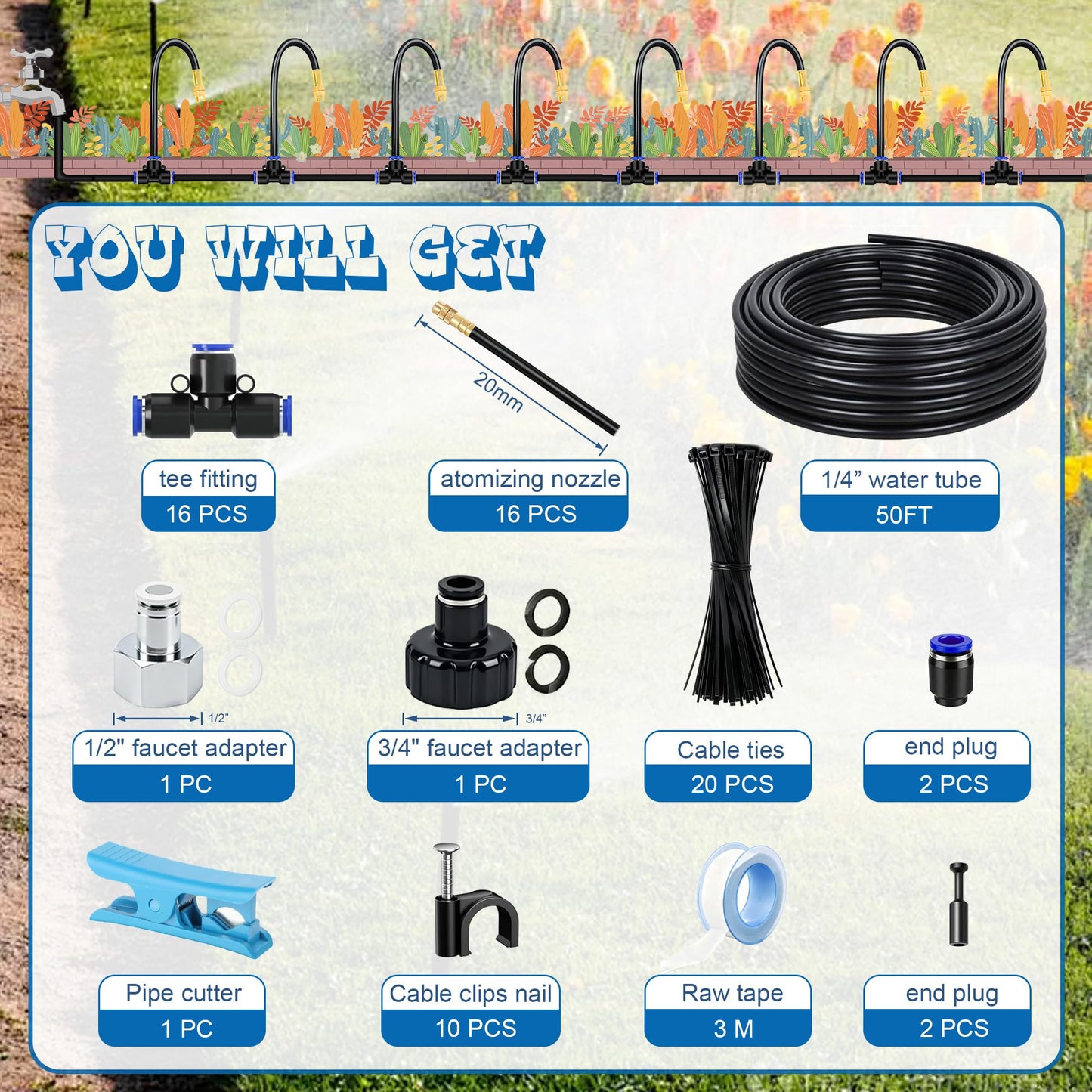 Dianrui Drip Irrigation System—50FT 1/4" Garden Watering System with 16pcs Copper Nozzles, 360° Curved Garden Automatic Irrigation System for Garden/Lawn/Greenhouse/Raised Beds/Outdoor Plants