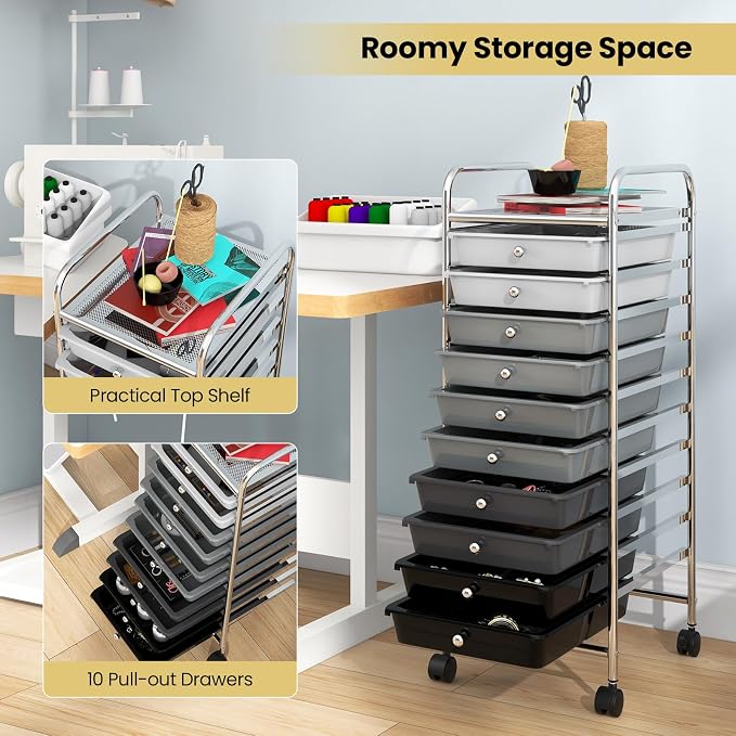 COSTWAY 10-Drawer Rolling Storage Cart, Utility Mobile Trolley with Removable Drawers & Universal Casters & 2 Brakes, Versatile Flexible Drawer Organizer Cart for Home, Office, Mixed Black
