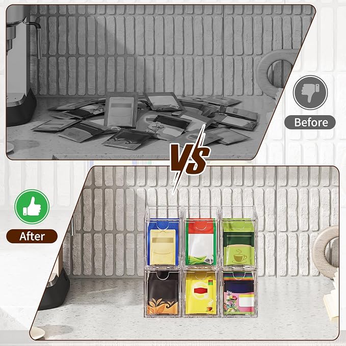 6 Pack Tea Bag Organizers, Clear Tea Packet Storage Bins for Pantry Countertop, Tea Station, Kitchen Cabinet, Stackable Teabag Holder Acrylic Drawer Organizer for Coffee Pods, Spice & Sugar Packets