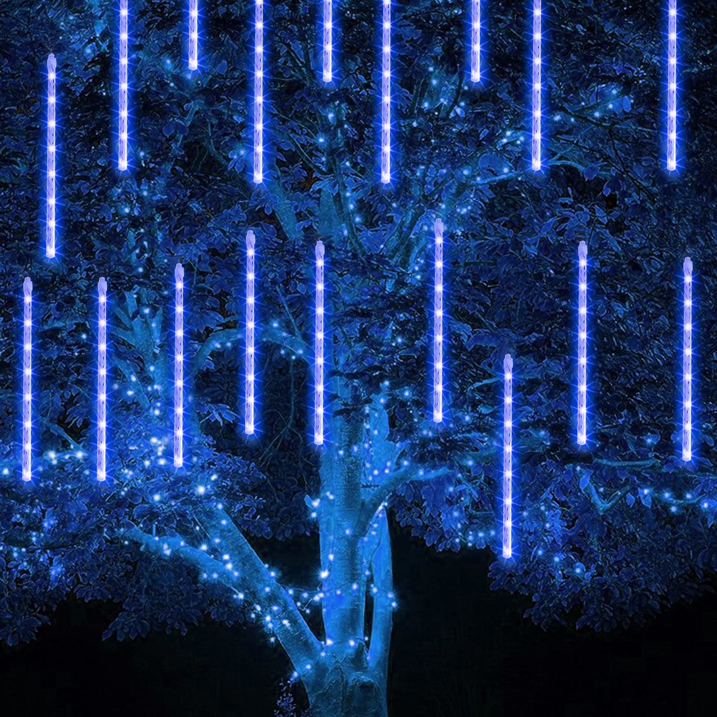 TW SHINE Christmas Lights Outdoor, 288 LED 12" 8 Tubes Meteor Shower Lights Outdoor Christmas Decorations Plug in, Waterproof Snow Falling Rain Icicle Xmas Light for Tree Decor, Blue