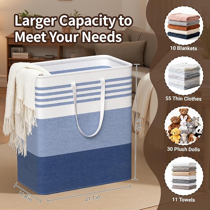 WOWBOX 2 Pack Laundry Baskets, Laundry Hampers, Freestanding Dirty Clothes Hampers with Reinforced Handles & Cross Stitch & Waterproof Coating, for Laundry Bedroom Bathroom Dorm,100L Blue