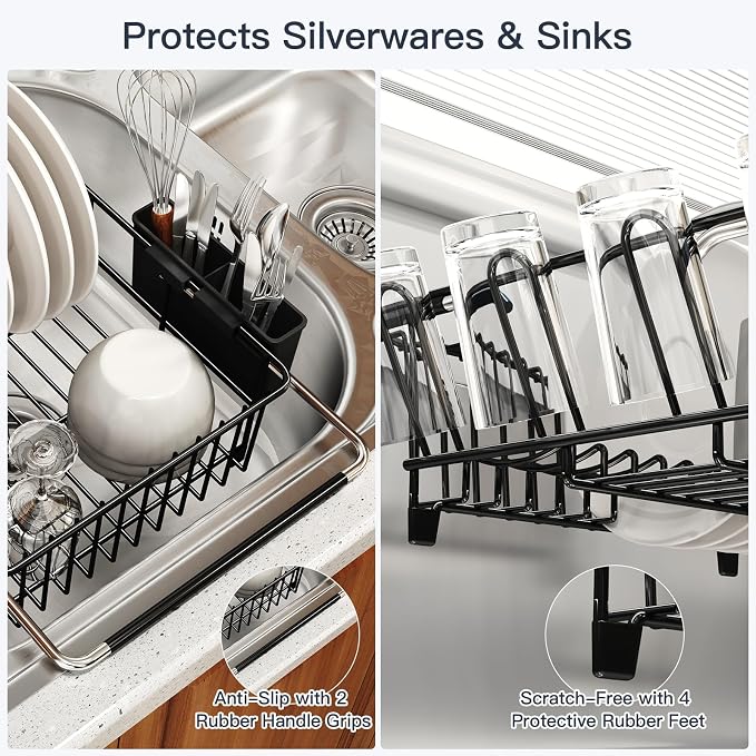 MAJALiS Dish Drying Rack Over The Sink with Utensil Holder, Drainboard | Expandable Stainless Steel Dish Drainer for Small Kitchen, Apartment, RV, Counter Space Saving, Perfect Fit, Rustproof