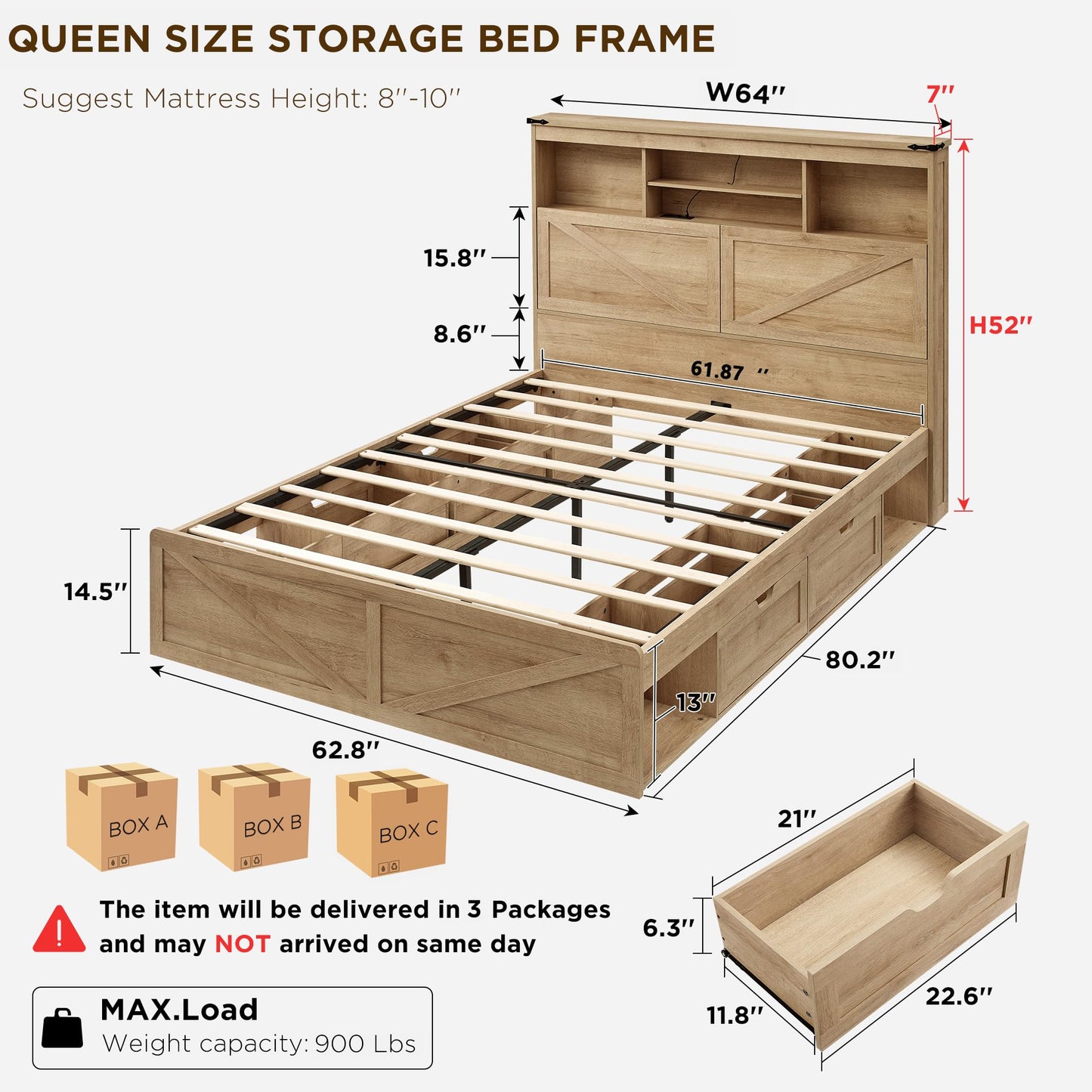 ACCOHOHO Farmhouse Queen Size Bed Frame with 52" Storage Bookcase Headboard and 4 Drawers,Wood Bed Frame with LED Light and Charging Station,Natural Oak