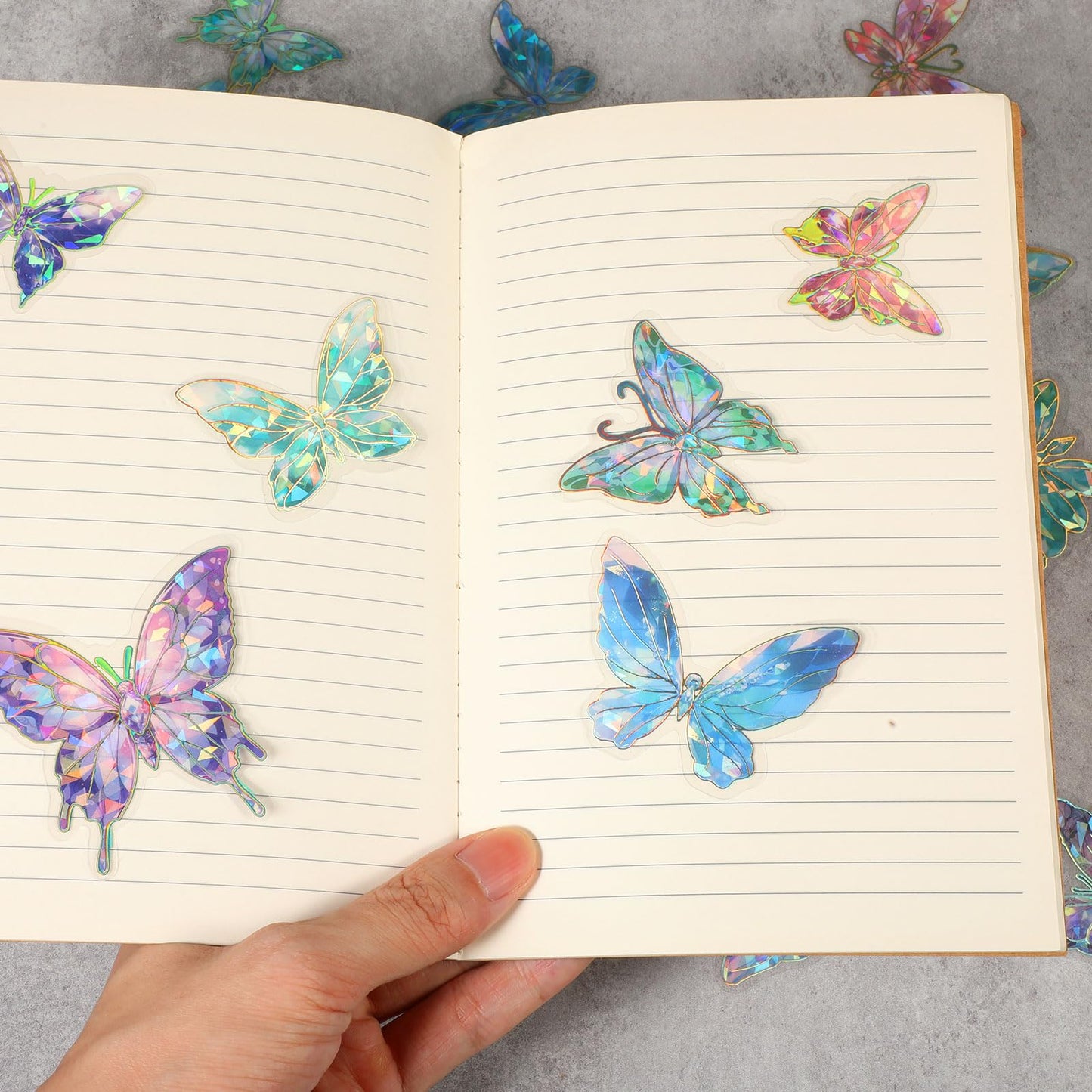 80pcs Holographic Glitter Butterfly Stickers Phone Butterfly Stickers Set, Blue Green Pink Purple Sparkly Crystals Clear Resin Waterproof Stickers Decals for Scrapbooking Journaling Water Bottles