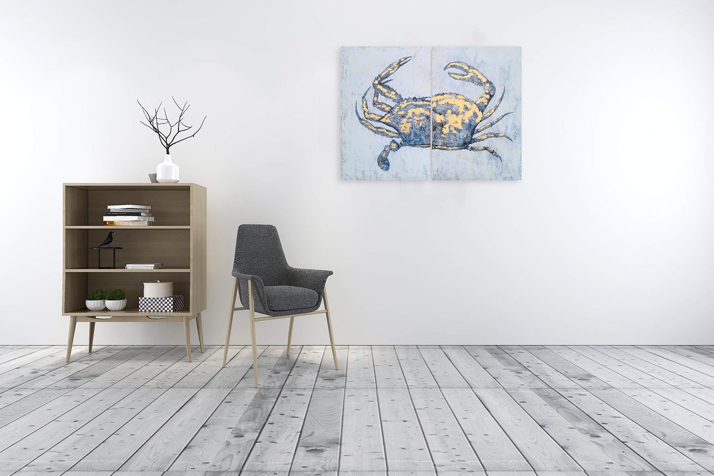 Yihui Arts Blue and Gold Foil Crab Diptych Wall Art - Nautical & Retro Art Decor for Home