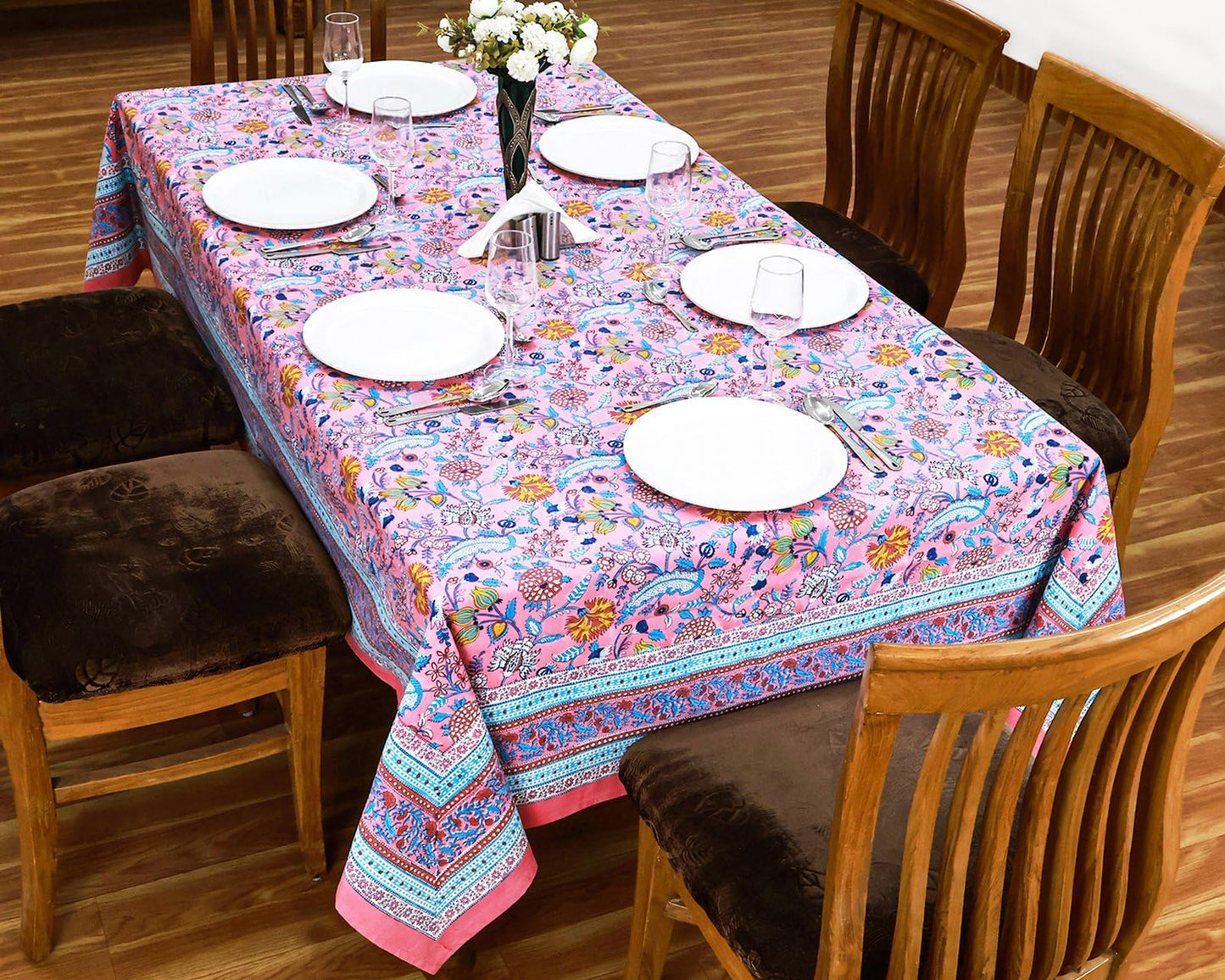 60x60 Inches Square Hand Block Printed Cotton Tablecloth, Pink Blue Floral Table Cloths Washable, Indian Table Linen for Valentine Thanksgiving Gifts Home Decor Dinning Outdoor