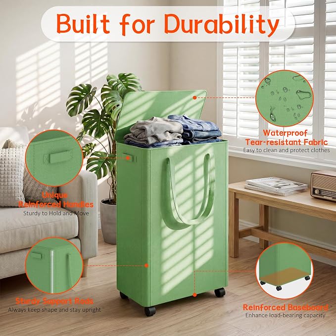 Slim Laundry Hamper with Wheels,15 Gal (55L) Rolling Laundry Basket with lid and wheels Clothes Hamper Foldable Tall Dirty Clothes Basket Sturdy Collapsible Clothes Hamper for Dorm,Laundry Room