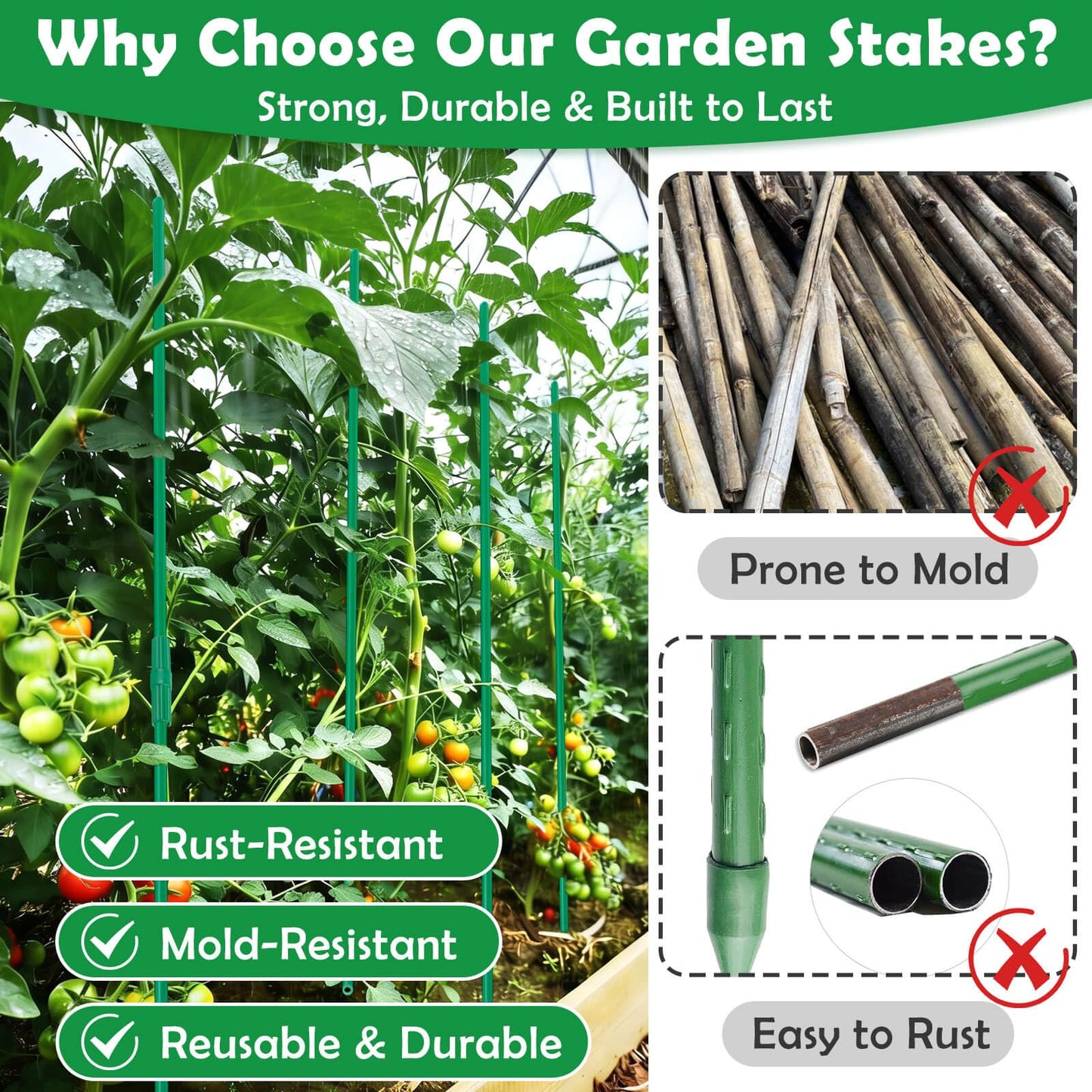Tetutor 287 PCS Garden Stakes, Fiberglass Tomato Stakes, Garden Sticks with Accessories, 90 Sets DIY 4ft, 5ft, 6ft, 7ft Plant Stakes, Plant Sticks Supports for Indoor Outdoor Plants, Vegetables