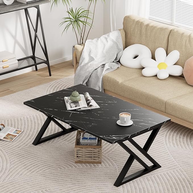 Wolawu Coffee Table Living Room Table Black Center Table, Simple Modern Faux Marble Rectangular Tea Table with Sturdy Black-Finished Metal Frame,Industrial Wooden Coffee Table for Bedroom Home Office