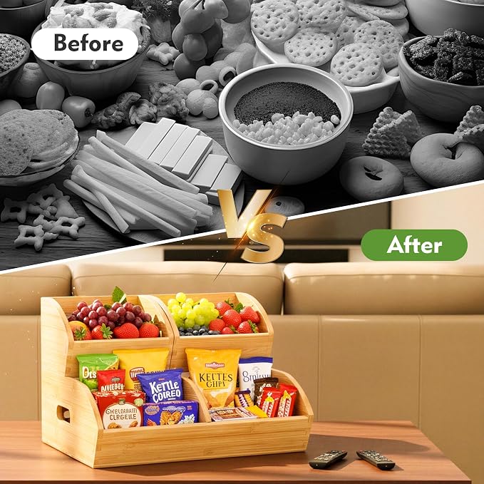 Potato and Onion Storage Bin for Pantry and Kitchen, Ventilated Stackable Bamboo Storage Bins with Handles - Multipurpose Organizers, Produce Containers for Bread, Vegetable, Fruit (Natural, 3 Pack)