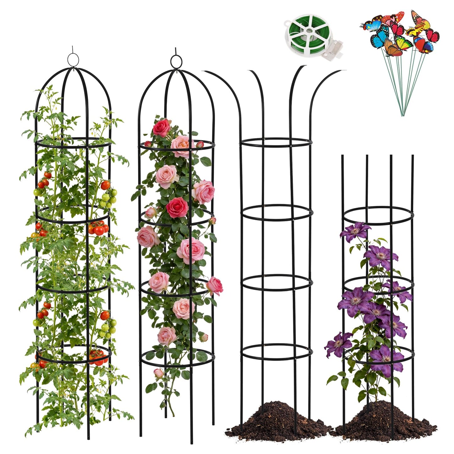 100% Metal Obelisk Garden Trellis 6.6 Feet Tall Sturdy Plant Support for Climbing Vines and Flowers Stands,2pc Upgrade Round Trellis for Pots Metal Plant Flower Trellises for Clematis Jasmine Outdoor