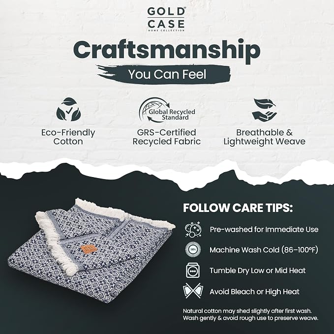 Gold Case Throw Blanket for Couch - 100% Recycled Turkish Cotton Blankets & Throws - Retro Soft Throw Blankets for Living Room - Boho Decorative Woven Couch Blanket - 50x60 - Navy Blue