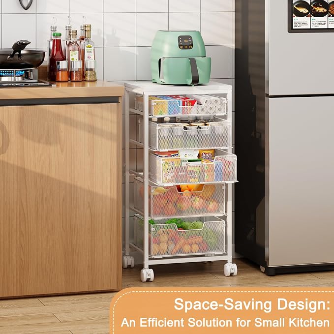 Kitchen Storage Cart with Wheels, 5-Tier Fruit Vegetable Storage Cart, Kitchen Organizer and Storage Cart with Drawers, Wooden Top Metal Wire Pantry Storage Cart for Fruit Snack Onion Potato, White