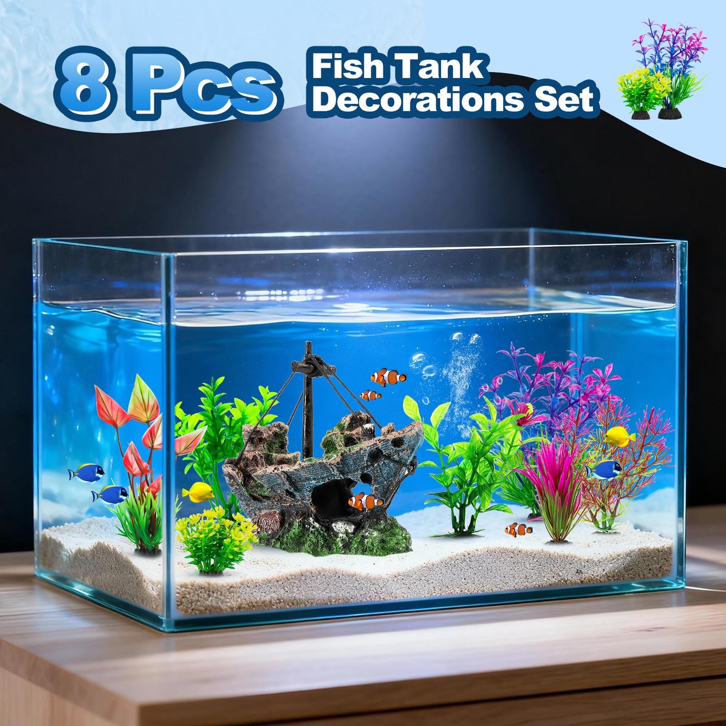 Xereooe 8Pcs Fish Tank Decorations Set Sunken Ship Decoration,Resin Material Fish Tank Accessories Accessories for Natural Look, Aquarium Shipwreck x 1pc, Aquatic Plants x 7pcs