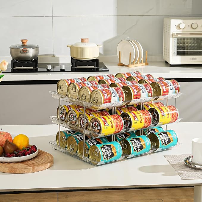 Amllas Can Organizer for Pantry, Stacking Can Storage Organizer Pantry, Automatic Rolling Can Rack for Fridge, 3Tire 3 Columns Can Holder for 36 Cans, Canned Goods Organizer