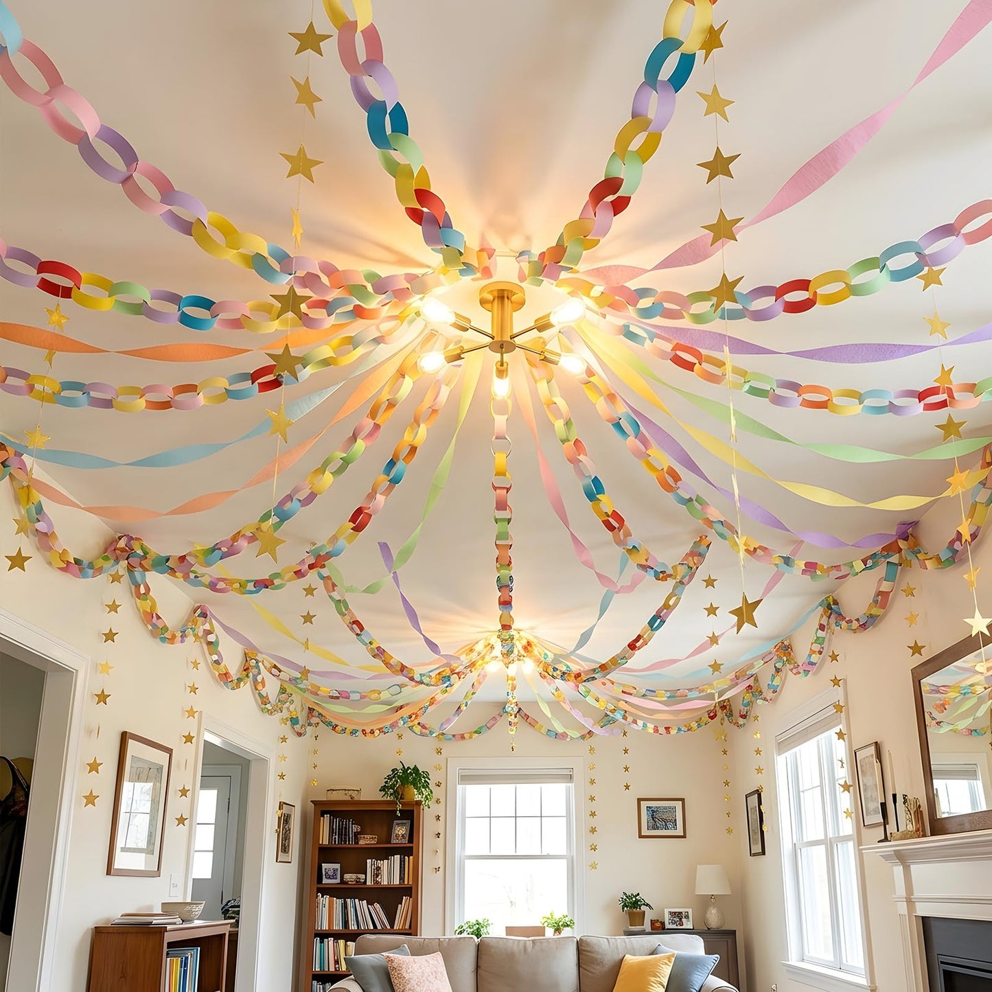 Yquqwn Pastel Paper Chain Garland Kit - 492ft Crepe Paper Streamers & 300 Sheets Paper Strips for Chains - 26ft Double-Sided Gold Star Garland for Birthday, Wedding, Macaron Party Decorations